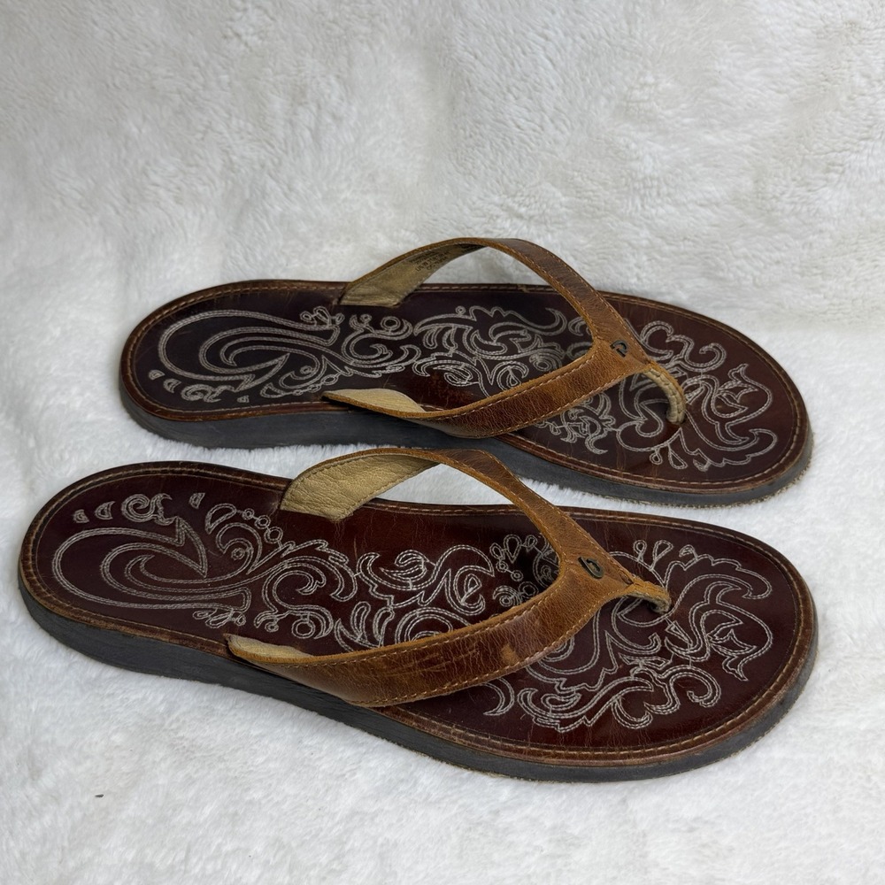 Olukai Paniolo Women's Brown Leather Flip Flops Comfort Sandals US Sz 11, Eur 41